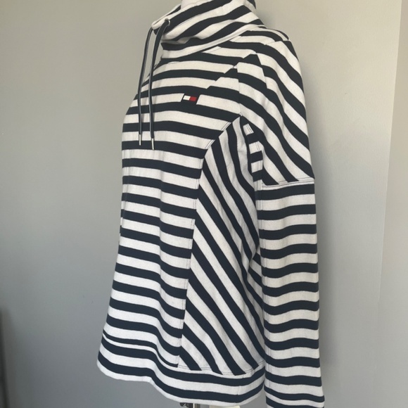 Tommy Hilfiger Sport Navy Striped Funnel Neck Fleece Nautical sweatshirt Hoodie - Picture 8 of 13